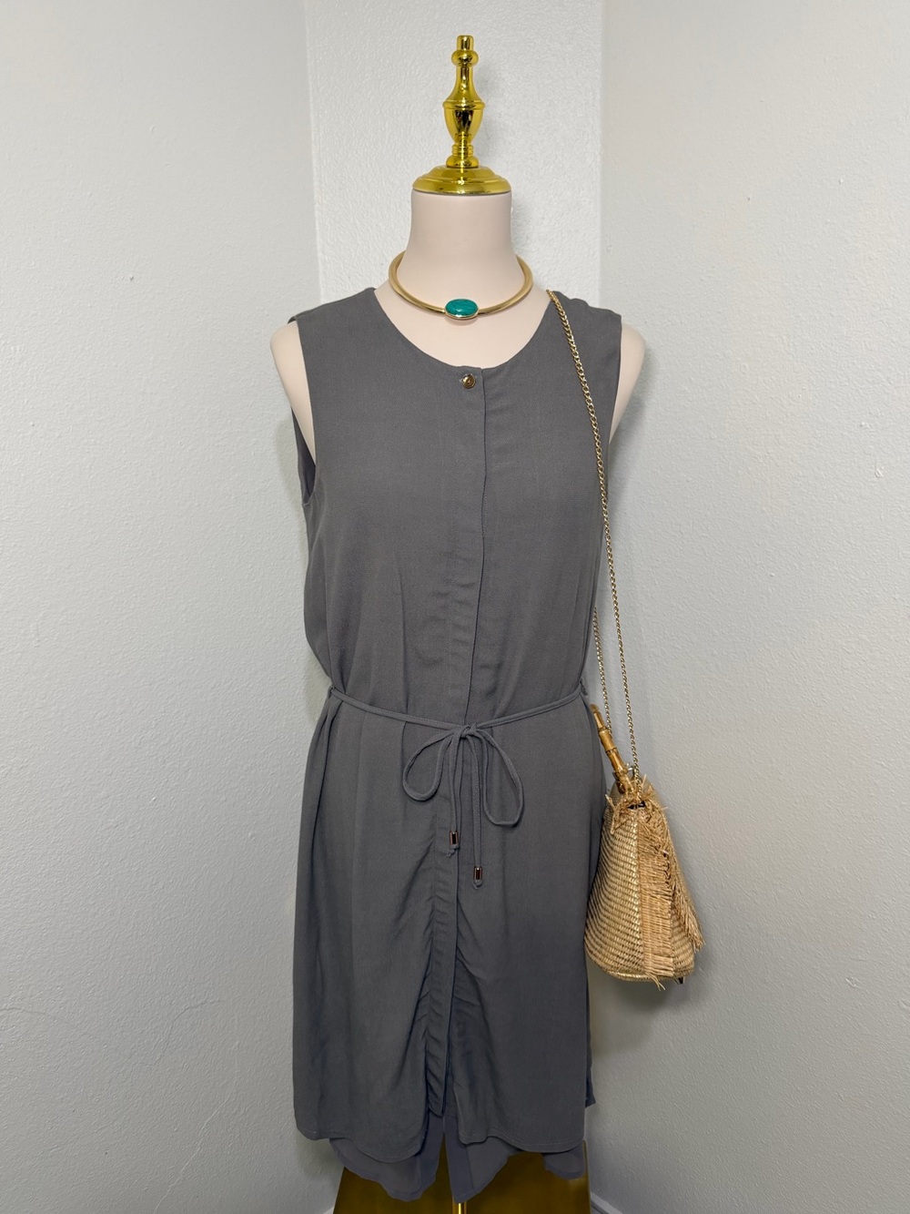 Gray Sleeveless Casual Dress Adjustable Tie Waist Dress | Size 36